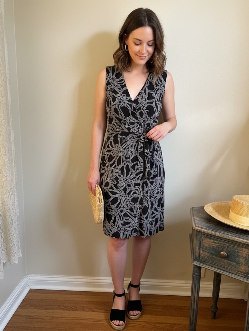 Sleeveless Black Floral-Print Wrap Midi Dress